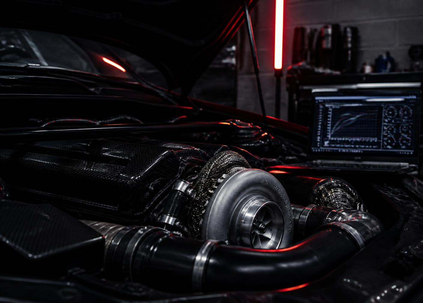 Turbocharged engine bay in a dark tuning workshop with diagnostic laptop