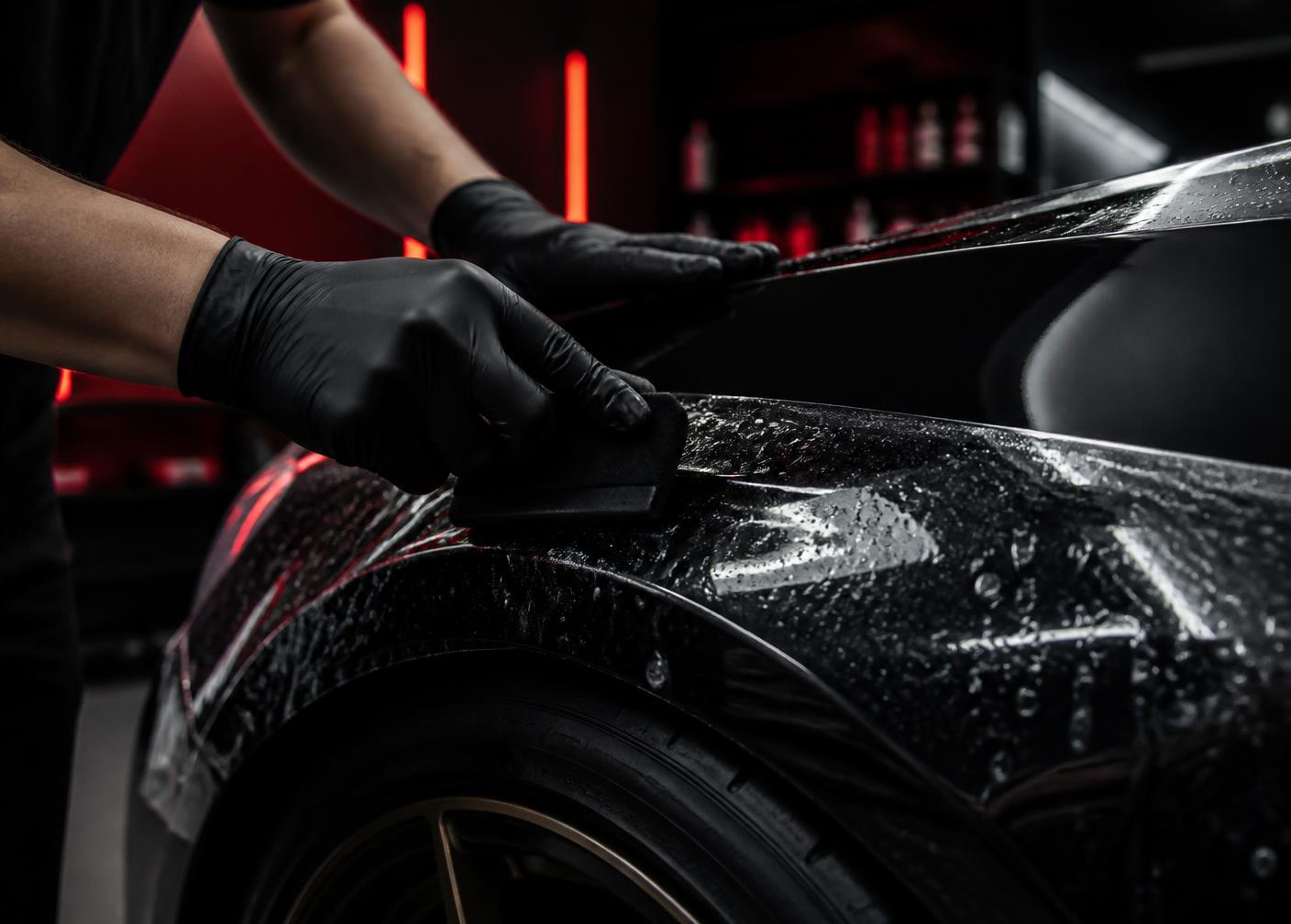 Technician applying paint protection film to a black car panel